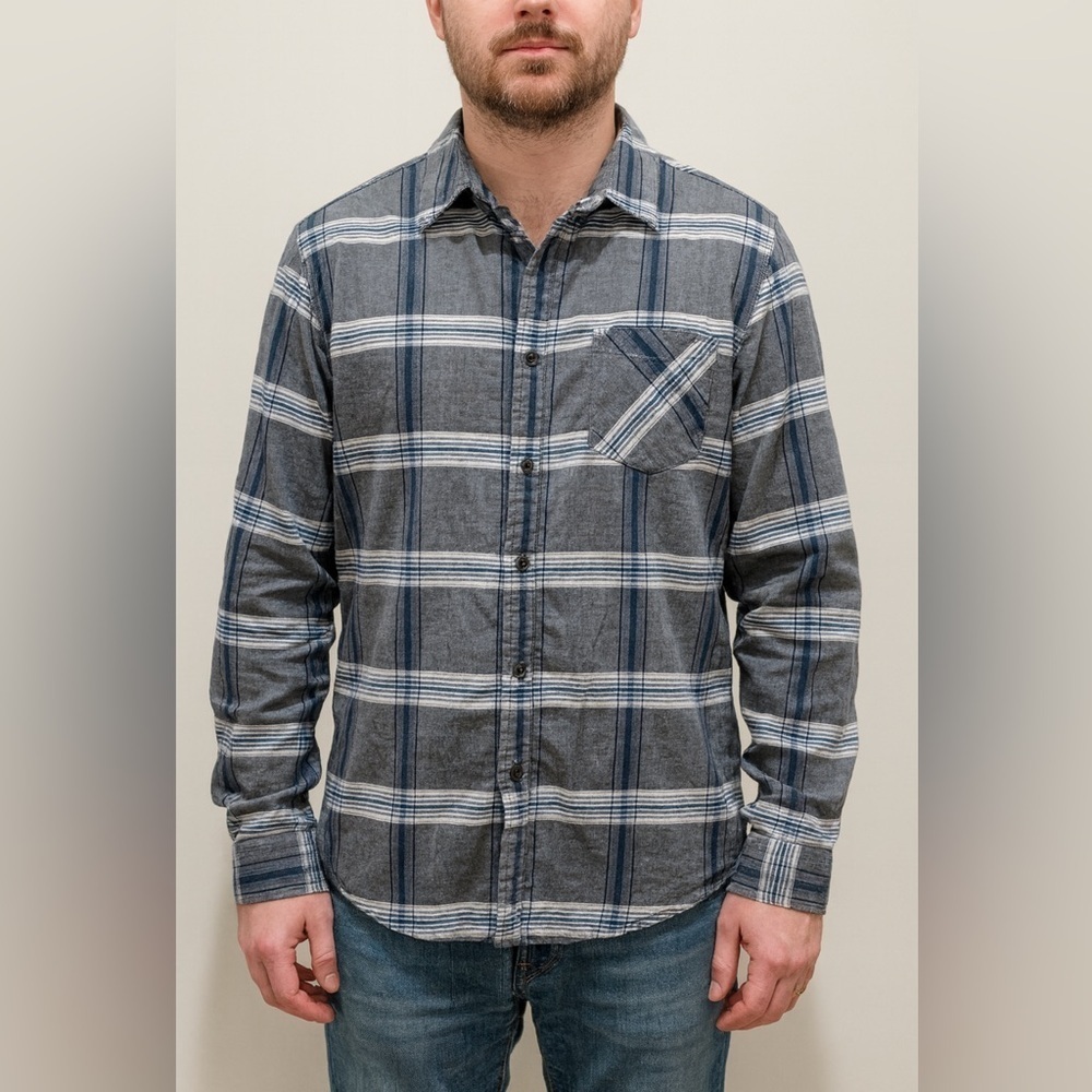 Blue Crown Grey and Blue Plaid Button Down Long Sleeve with Collar, XL